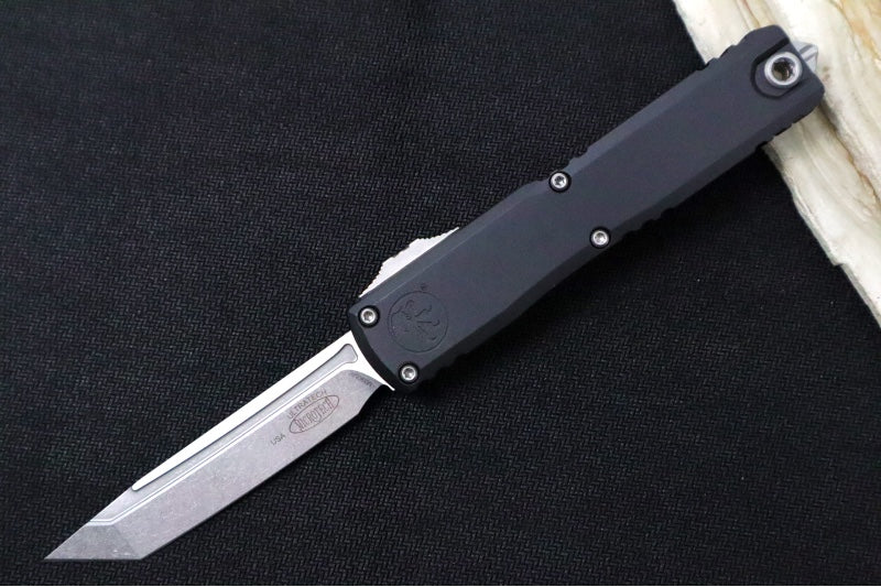 Microtech Ultratech ZBP (Zero Blade Play) OTF - Stonewashed Finish / Tanto Blade / Black Anodized Aluminum Handle 1123-10