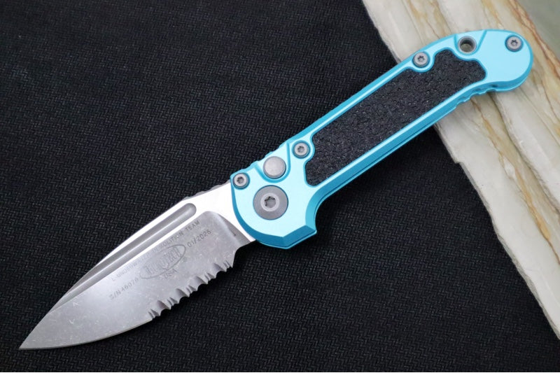 Microtech L.U.D.T Gen III - Apocalyptic Finish / Drop Point Blade with Partial Serrates / Turquoise Aluminum Handle & Black Traction Tape Inlay - 1135-11APTQ - Northwest Knives
