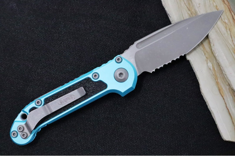 Microtech L.U.D.T Gen III - Apocalyptic Finish / Drop Point Blade with Partial Serrates / Turquoise Aluminum Handle & Black Traction Tape Inlay - 1135-11APTQ - Northwest Knives