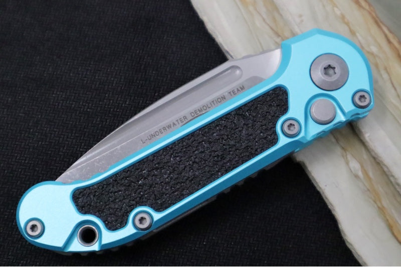 Microtech L.U.D.T Gen III - Apocalyptic Finish / Drop Point Blade with Partial Serrates / Turquoise Aluminum Handle & Black Traction Tape Inlay - 1135-11APTQ - Northwest Knives