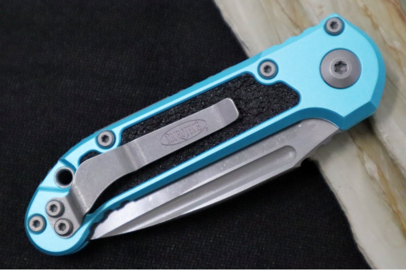 Microtech L.U.D.T Gen III - Apocalyptic Finish / Drop Point Blade with Partial Serrates / Turquoise Aluminum Handle & Black Traction Tape Inlay - 1135-11APTQ