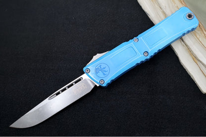 Microtech Combat Troodon OTF Gen III - Apocalyptic Finish / Drop Point Blade / Marbled Blue Anodized Aluminum Handle - 1143-10MBL