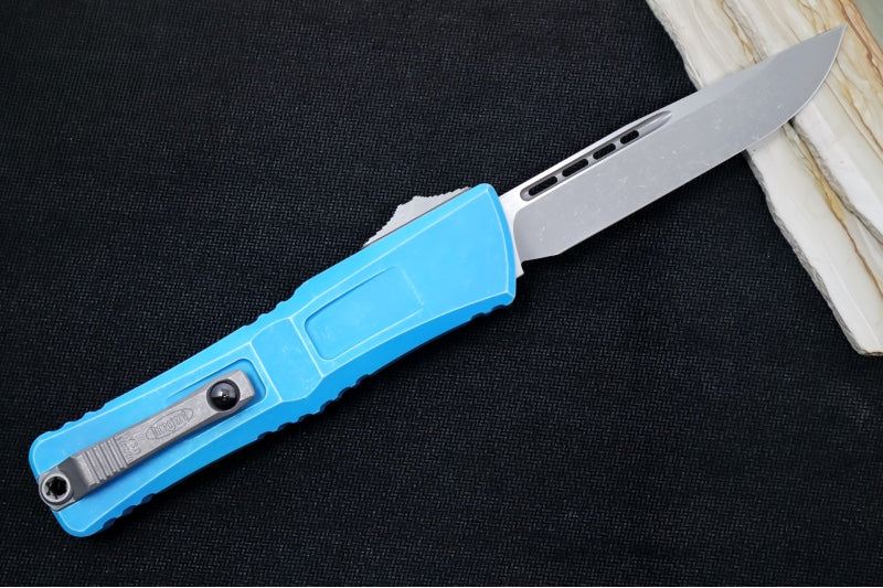 Microtech Combat Troodon OTF Gen III - Apocalyptic Finish / Drop Point Blade / Marbled Blue Anodized Aluminum Handle - 1143-10MBL - Northwest Knives
