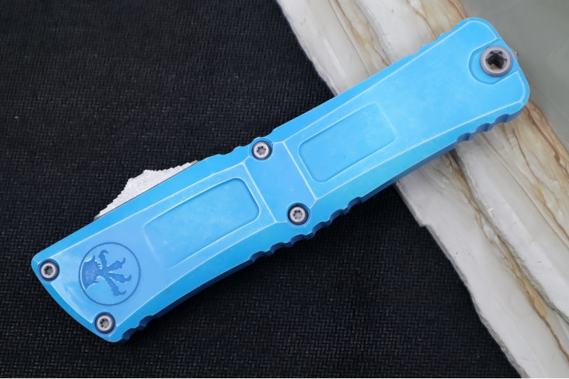 Microtech Combat Troodon OTF Gen III - Apocalyptic Finish / Drop Point Blade / Marbled Blue Anodized Aluminum Handle - 1143-10MBL - Northwest Knives
