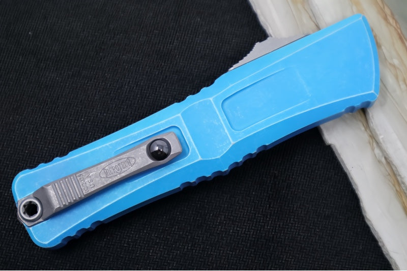 Microtech Combat Troodon OTF Gen III - Apocalyptic Finish / Drop Point Blade / Marbled Blue Anodized Aluminum Handle - 1143-10MBL - Northwest Knives