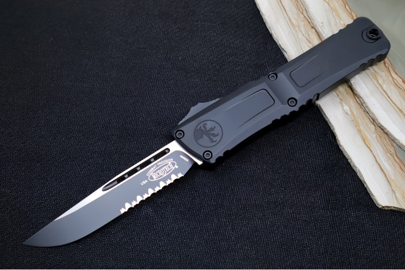 Microtech Combat Troodon OTF Gen III Tactical - Black Finish / Partial Serrated Drop Point Blade / Black Anodized Aluminum Handle - 1143-2T