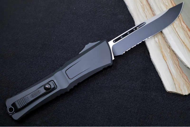 Microtech Combat Troodon OTF Gen III Tactical - Black Finish / Partial Serrated Drop Point Blade / Black Anodized Aluminum Handle - 1143-2T - Northwest Knives