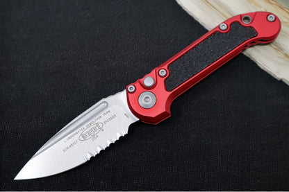 Microtech L.U.D.T Gen III - Stonewashed Finish / Partially Serrated Drop Point Blade / Red Aluminum Handle & Black Traction Tape Inlay - 1135-11RD