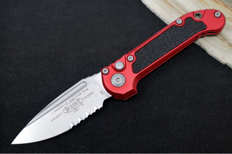 Microtech L.U.D.T Gen III - Stonewashed Finish / Partially Serrated Drop Point Blade / Red Aluminum Handle & Black Traction Tape Inlay - 1135-11RD - Northwest Knives