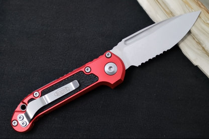 Microtech L.U.D.T Gen III - Stonewashed Finish / Partially Serrated Drop Point Blade / Red Aluminum Handle & Black Traction Tape Inlay - 1135-11RD