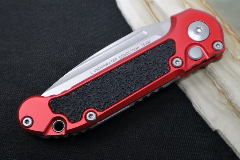 Microtech L.U.D.T Gen III - Stonewashed Finish / Partially Serrated Drop Point Blade / Red Aluminum Handle & Black Traction Tape Inlay - 1135-11RD