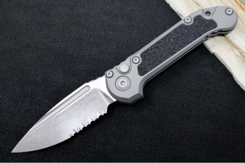 Microtech L.U.D.T Gen III - Apocalyptic Finish / Drop Point Blade with Partial Serrates / Natural Clear Aluminum Handle & Black Traction Tape Inlay - 1135-11APNC