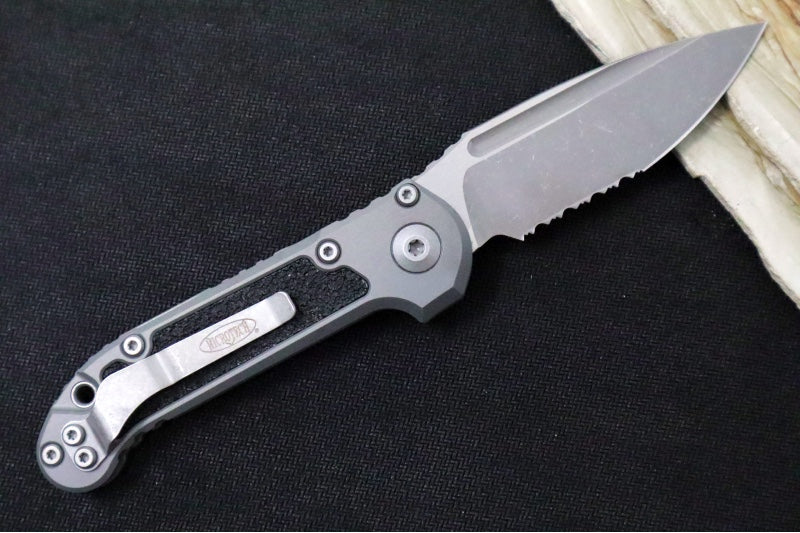 Microtech L.U.D.T Gen III - Apocalyptic Finish / Drop Point Blade with Partial Serrates / Natural Clear Aluminum Handle & Black Traction Tape Inlay - 1135-11APNC - Northwest Knives