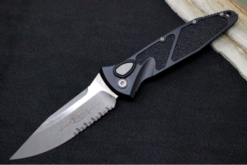 Microtech SOCOM Elite Auto - Apocalyptic Finish / Partial Serrated Spear Point Blade / Black Handle & Black Inserts 160A-11AP