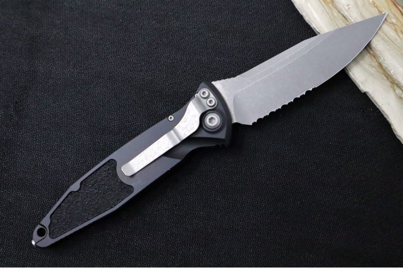 Microtech SOCOM Elite Auto - Apocalyptic Finish / Partial Serrated Spear Point Blade / Black Handle & Black Inserts 160A-11AP