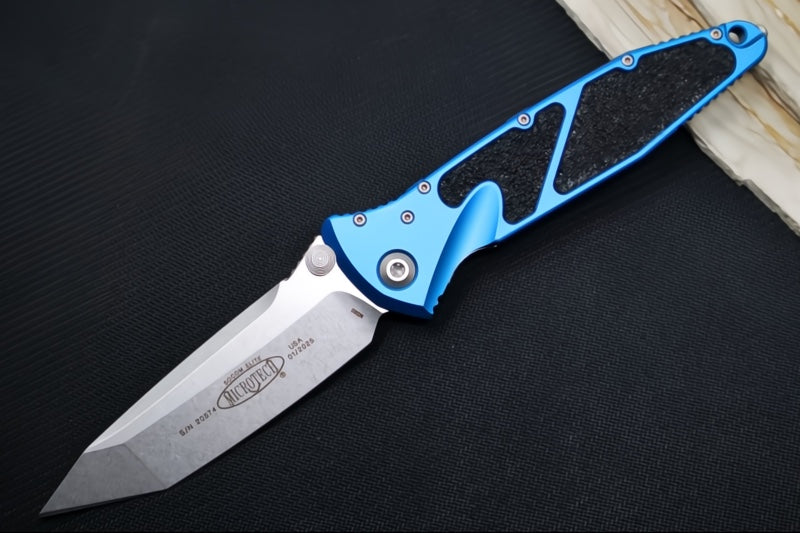 Microtech SOCOM Elite - Stonewash Finish / Tanto Blade / Blue Anodized Aluminum Handles w/ Black Inserts 161-10BL
