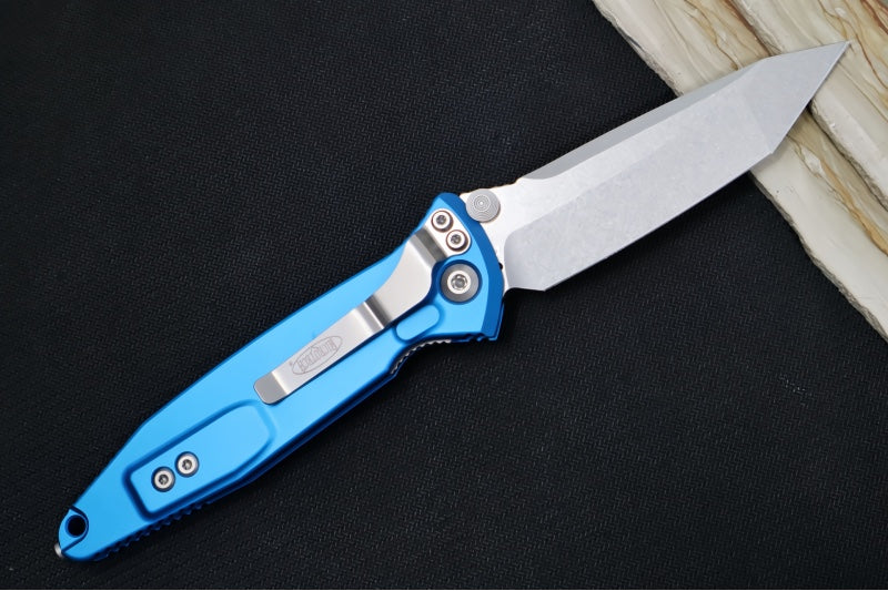 Microtech SOCOM Elite - Stonewash Finish / Tanto Blade / Blue Anodized Aluminum Handles w/ Black Inserts 161-10BL
