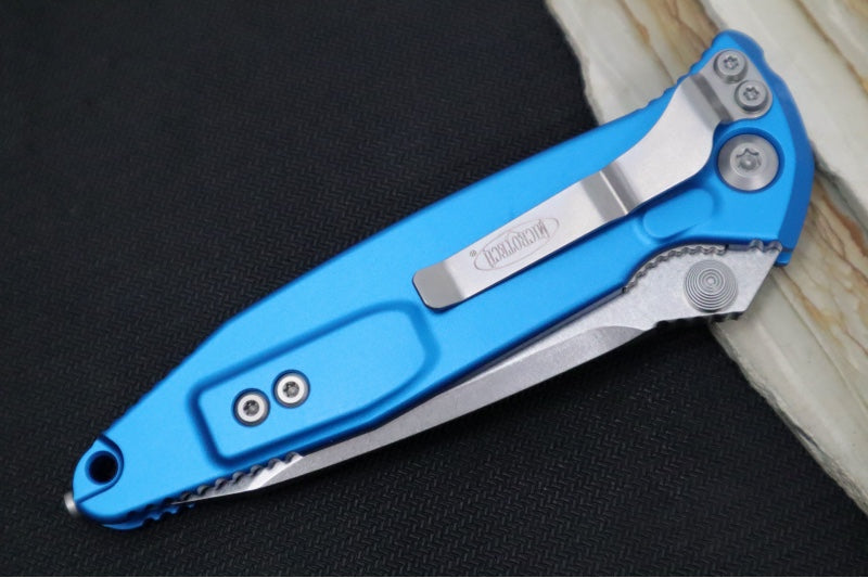 Microtech SOCOM Elite - Stonewash Finish / Tanto Blade / Blue Anodized Aluminum Handles w/ Black Inserts 161-10BL