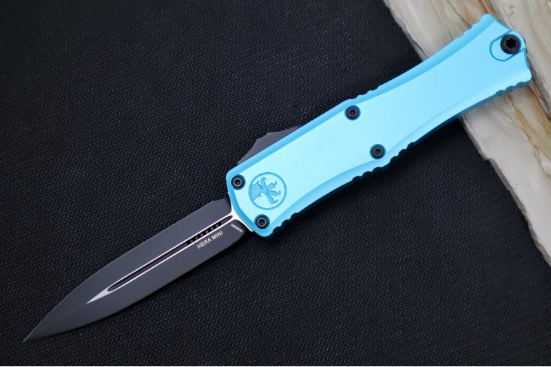 Microtech Mini Hera II OTF - Dagger Blade / Black Finish / Turquoise Anodized Aluminum Handle 1702M-1TQ