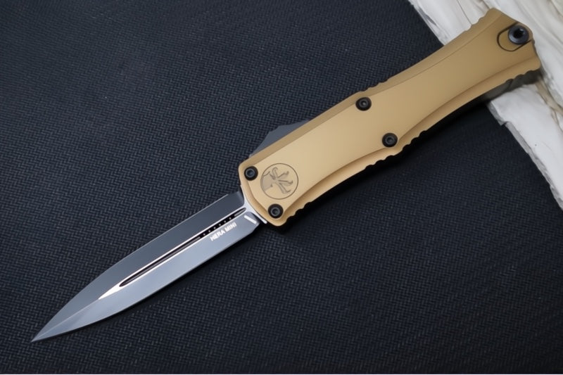 Microtech Mini Hera II OTF - Dagger Blade / Black Finish / Tan Anodized Aluminum Handle 1702M-1TA