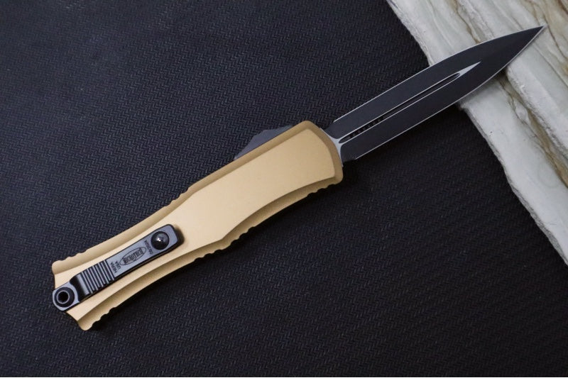 Microtech Mini Hera II OTF - Dagger Blade / Black Finish / Tan Anodized Aluminum Handle 1702M-1TA - Northwest Knives