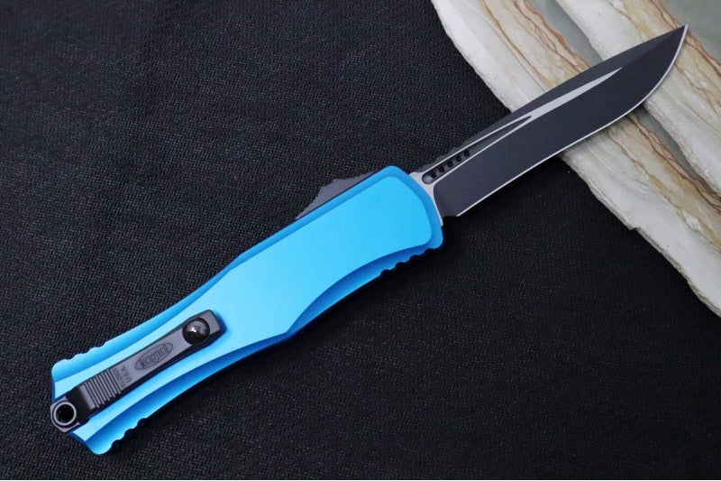 Microtech Hera II OTF - Recurve Blade / Black Finish / Blue Anodized Aluminum Handle 1705-1BL - Northwest Knives