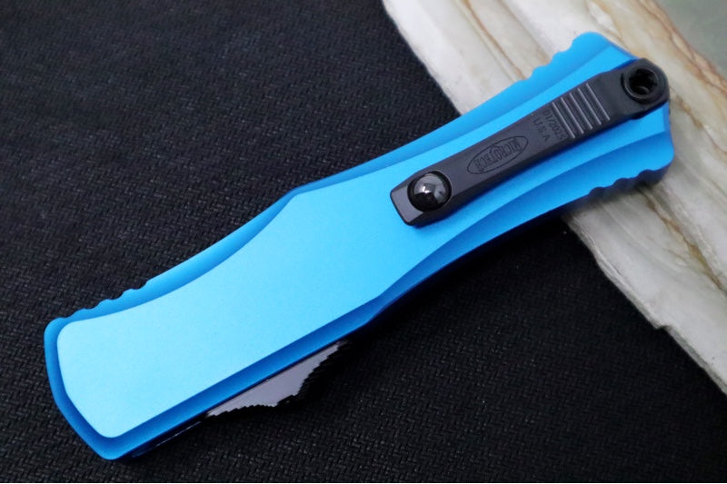 Microtech Hera II OTF - Recurve Blade / Black Finish / Blue Anodized Aluminum Handle 1705-1BL - Northwest Knives