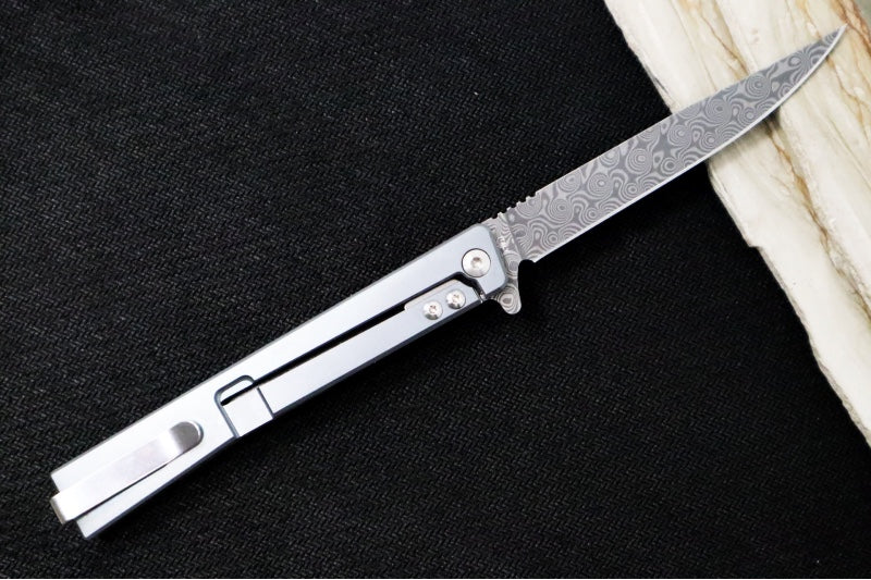 Ocaso Knives Solstice Damascus Flipper - Premium 120-layer Damascus Steel / Straight Blade / Dark Matter Blue Carbon Fiber & Blue Anodized Titanium Handle #101FB - Northwest Knives