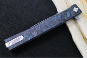 Ocaso Knives Solstice Damascus Flipper - Premium 120-layer Damascus Steel / Straight Blade / Dark Matter Blue Carbon Fiber & Blue Anodized Titanium Handle #101FB - Northwest Knives