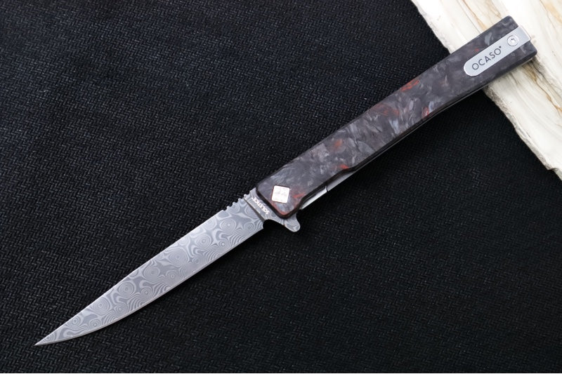 Ocaso Knives Solstice Damascus Flipper - Premium 120-layer Damascus Steel / Straight Blade / Dark Matter Red Carbon Fiber & Titanium Handle #101FR