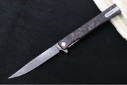 Ocaso Knives Solstice Damascus Flipper - Premium 120-layer Damascus Steel / Straight Blade / Dark Matter Red Carbon Fiber & Titanium Handle #101FR - Northwest Knives
