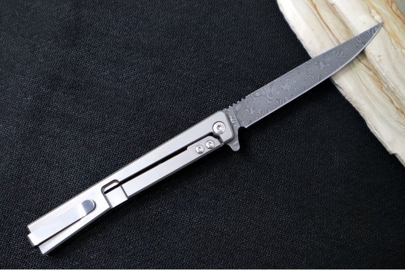 Ocaso Knives Solstice Damascus Flipper - Premium 120-layer Damascus Steel / Straight Blade / Dark Matter Red Carbon Fiber & Titanium Handle #101FR - Northwest Knives