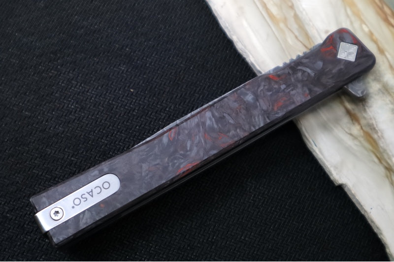 Ocaso Knives Solstice Damascus Flipper - Premium 120-layer Damascus Steel / Straight Blade / Dark Matter Red Carbon Fiber & Titanium Handle #101FR - Northwest Knives