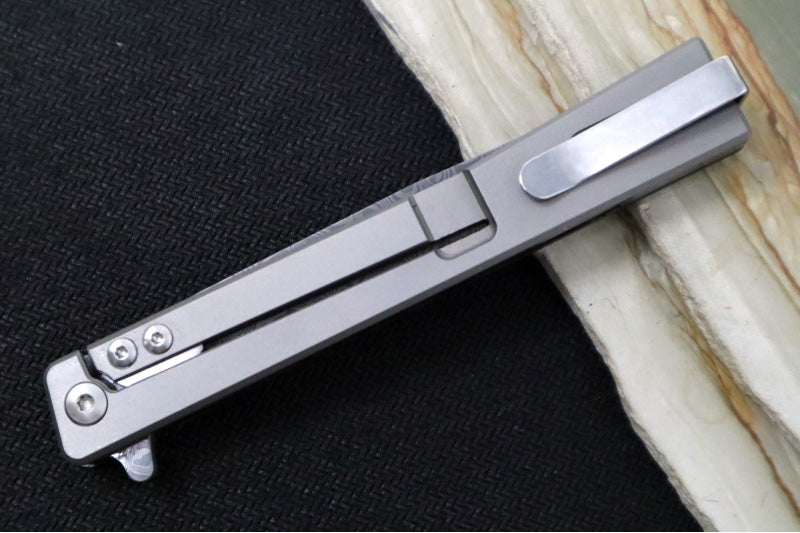 Ocaso Knives Solstice Damascus Flipper - Premium 120-layer Damascus Steel / Straight Blade / Dark Matter Red Carbon Fiber & Titanium Handle #101FR - Northwest Knives