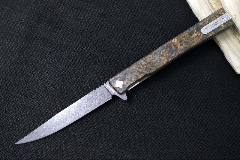 Ocaso Knives Solstice Damascus Flipper - Premium 120-layer Damascus Steel / Straight Blade / Dark Matter Bronze Carbon Fiber & Bronzed Anodized Titanium Handle #101FG - Northwest Knives