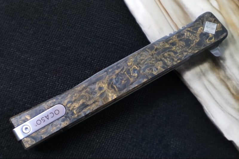 Ocaso Knives Solstice Damascus Flipper - Premium 120-layer Damascus Steel / Straight Blade / Dark Matter Bronze Carbon Fiber & Bronzed Anodized Titanium Handle #101FG - Northwest Knives