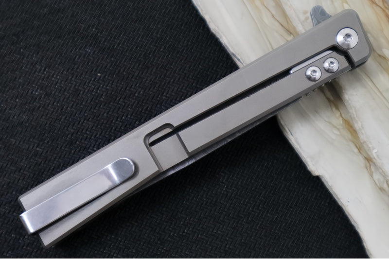 Ocaso Knives Solstice Damascus Flipper - Premium 120-layer Damascus Steel / Straight Blade / Dark Matter Bronze Carbon Fiber & Bronzed Anodized Titanium Handle #101FG - Northwest Knives