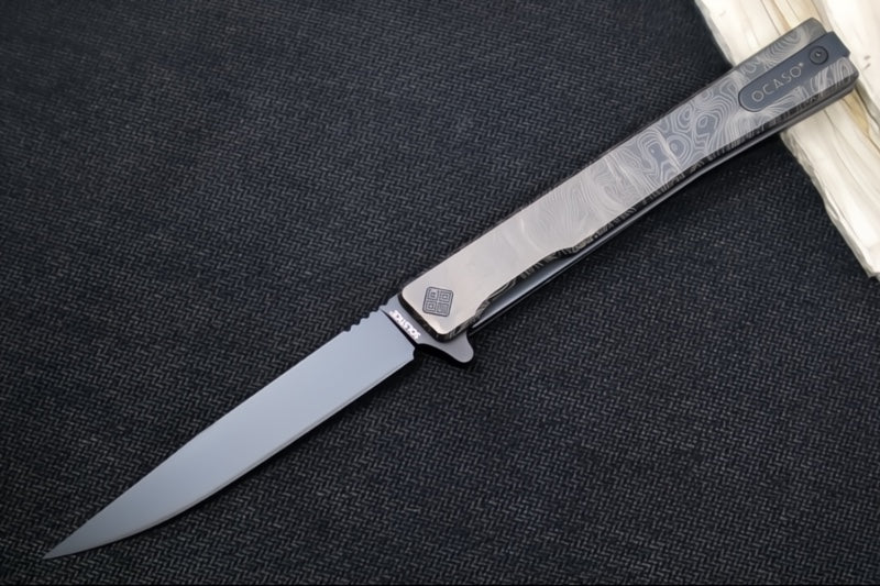 Ocaso Knives Engraved Solstice Flipper - CPM-S35VN Steel / Black PVD Coated Straight Blade / Engraved Full Titanium Handle #10ETB - Northwest Knives