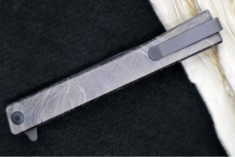 Ocaso Knives Engraved Solstice Flipper - CPM-S35VN Steel / Black PVD Coated Straight Blade / Engraved Full Titanium Handle #10ETB - Northwest Knives