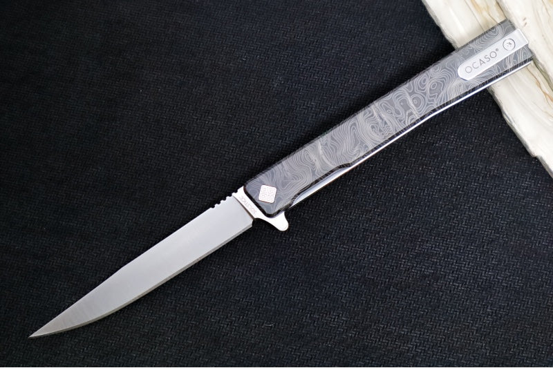 Ocaso Knives Engraved Solstice Flipper - CPM-S35VN Steel / Satin Finished Straight Blade / Engraved Full Titanium Handle #10ETS