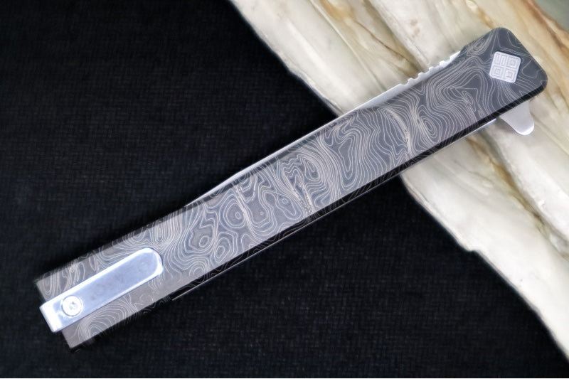 Ocaso Knives Engraved Solstice Flipper - CPM-S35VN Steel / Satin Finished Straight Blade / Engraved Full Titanium Handle #10ETS - Northwest Knives