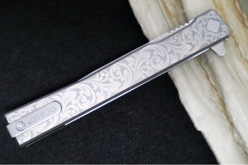 Ocaso Knives Engraved Scroll Solstice Flipper - CPM-S35VN Steel / Satin Finished Straight Blade / Scroll Engraved Full Titanium Handle #10ESS - Northwest Knives