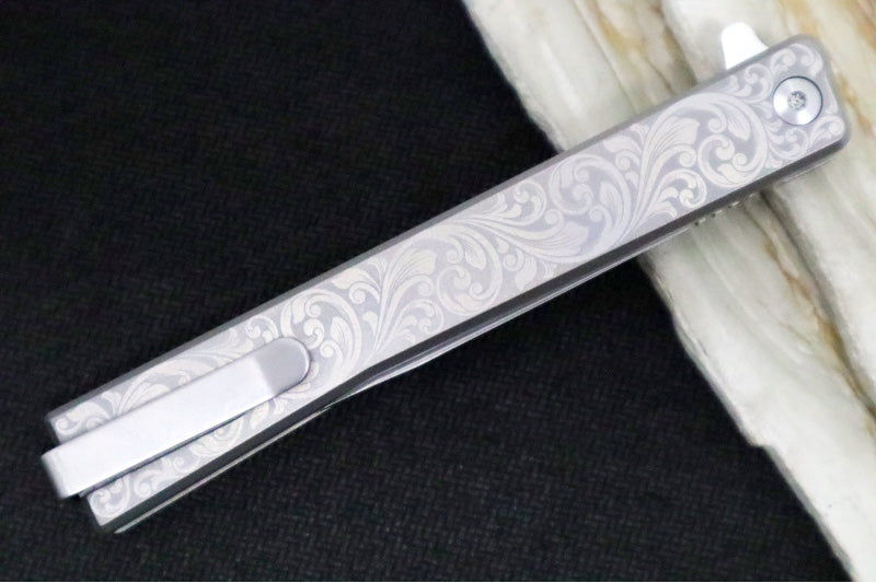 Ocaso Knives Engraved Scroll Solstice Flipper - CPM-S35VN Steel / Satin Finished Straight Blade / Scroll Engraved Full Titanium Handle #10ESS - Northwest Knives