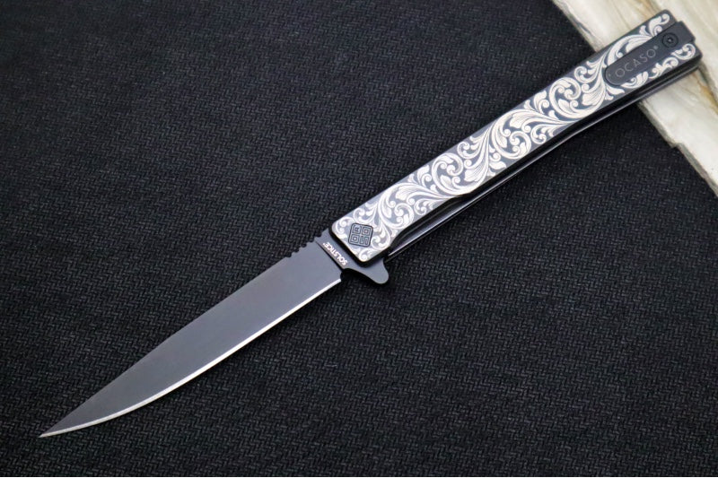 Ocaso Knives Engraved Scroll Solstice Flipper - CPM-S35VN Steel / Black PVD Straight Blade / Scroll Engraved Full Titanium Handle #10ESB - Northwest Knives