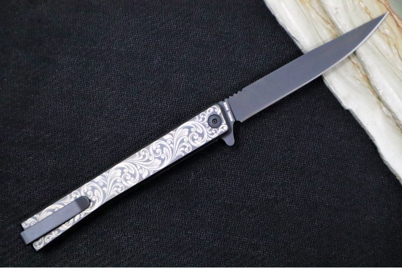 Ocaso Knives Engraved Scroll Solstice Flipper - CPM-S35VN Steel / Black PVD Straight Blade / Scroll Engraved Full Titanium Handle #10ESB - Northwest Knives