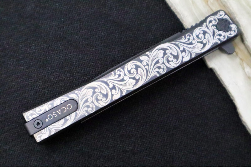 Ocaso Knives Engraved Scroll Solstice Flipper - CPM-S35VN Steel / Black PVD Straight Blade / Scroll Engraved Full Titanium Handle #10ESB - Northwest Knives