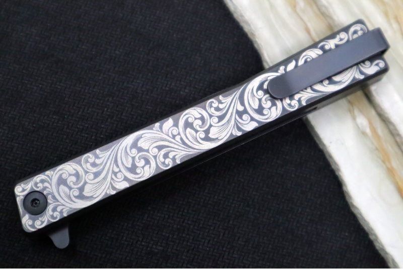 Ocaso Knives Engraved Scroll Solstice Flipper - CPM-S35VN Steel / Black PVD Straight Blade / Scroll Engraved Full Titanium Handle #10ESB - Northwest Knives