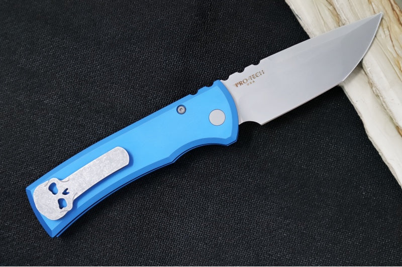 Chaves Knives Redencion Auto -Blue Anodized Aluminum Handle / Stonewashed Finish / Tanto Blade / CPM-S35VN Steel