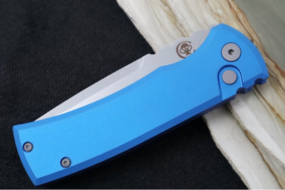 Chaves Knives Redencion Auto -Blue Anodized Aluminum Handle / Stonewashed Finish / Tanto Blade / CPM-S35VN Steel