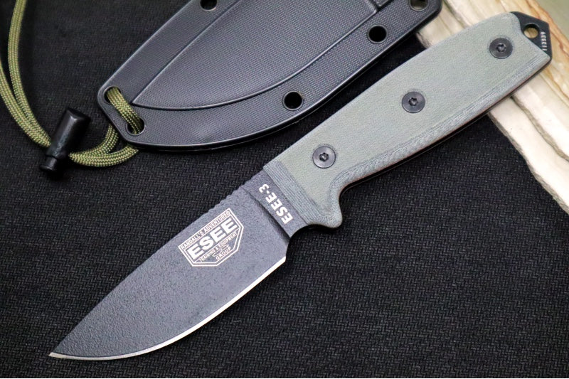 Esee Knives Model 3 - Black Canvas Micarta Handle / 1095 Steel / Black Textured Powdered Blade / Black Molded Polymer Sheath 3P-B - Northwest Knives